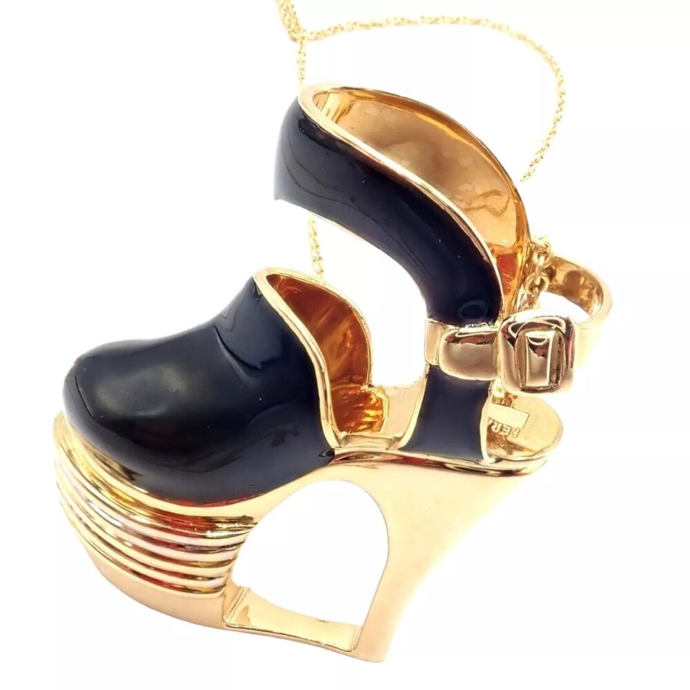 Authentic! Salvatore Ferragamo 18K Yellow Gold Enamel Shoe Pendant Necklace